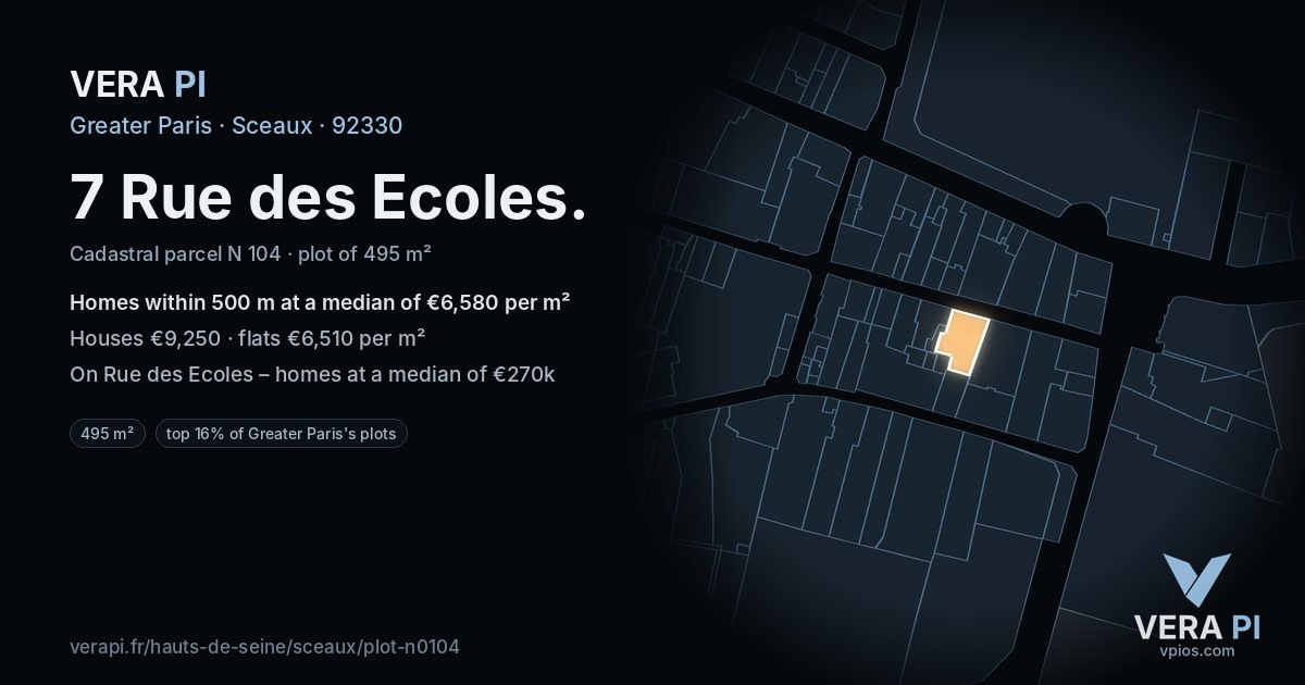 7 Rue des Ecoles, Sceaux at night – the plot lit, the parcels around coloured by the prices near them