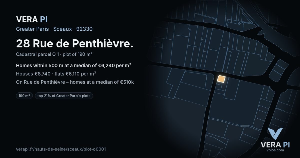 28 Rue de Penthièvre, Sceaux at night – the plot lit, the parcels around coloured by the prices near them