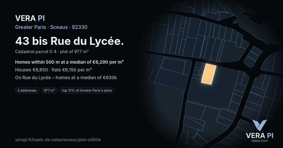 43 bis Rue du Lycée, Sceaux at night – the plot lit, the parcels around coloured by the prices near them