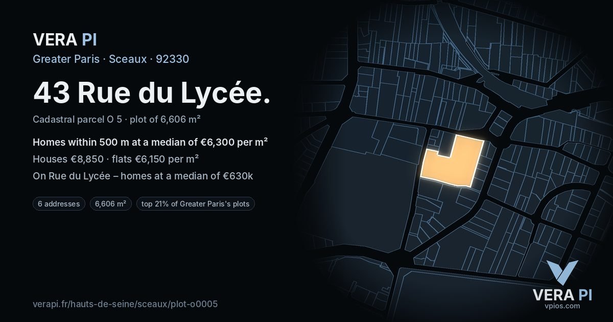 43 Rue du Lycée, Sceaux at night – the plot lit, the parcels around coloured by the prices near them
