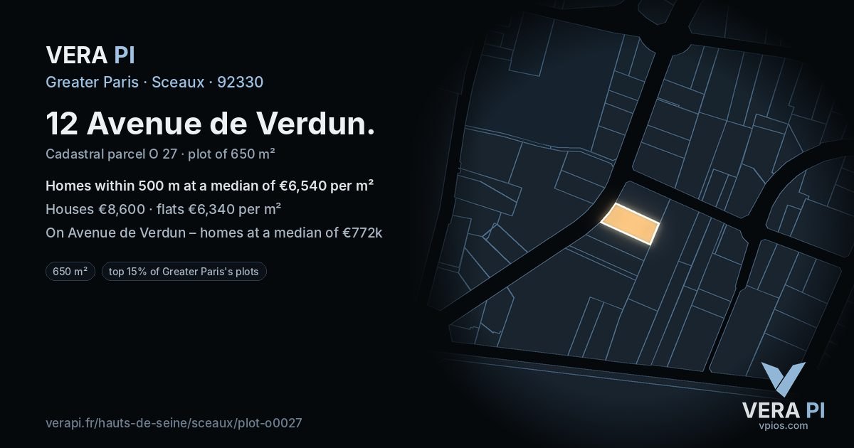 12 Avenue de Verdun, Sceaux at night – the plot lit, the parcels around coloured by the prices near them