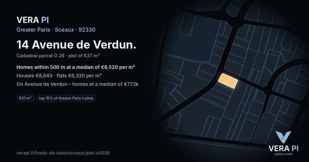 14 Avenue de Verdun, Sceaux at night – the plot lit, the parcels around coloured by the prices near them
