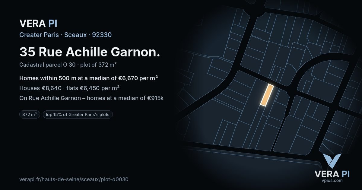 35 Rue Achille Garnon, Sceaux at night – the plot lit, the parcels around coloured by the prices near them
