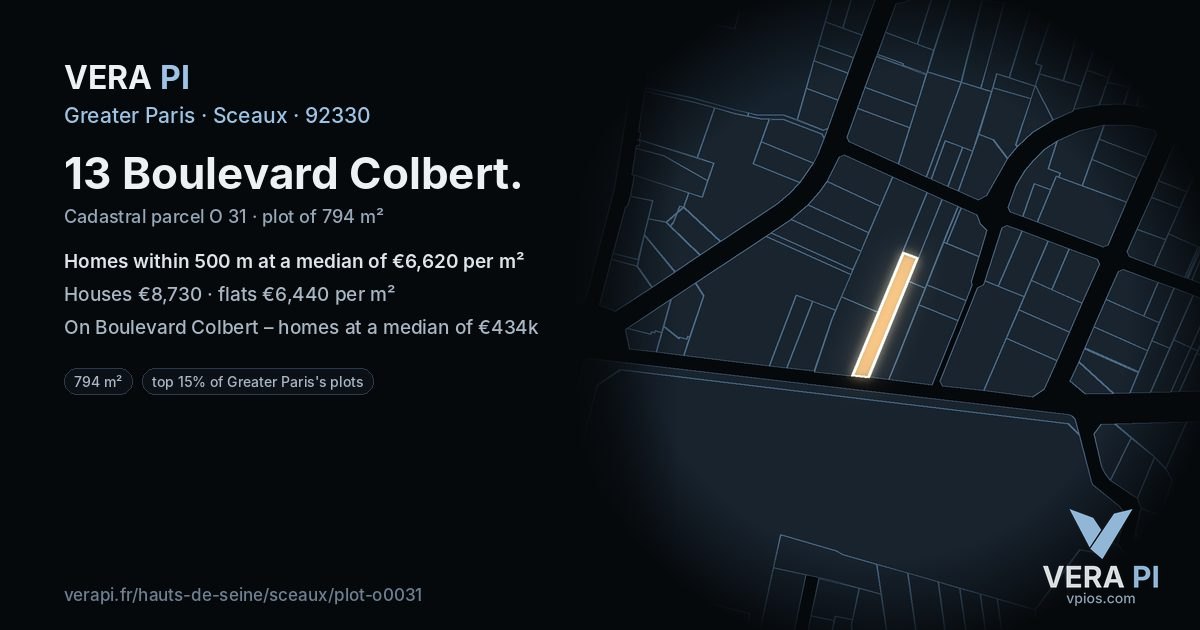 13 Boulevard Colbert, Sceaux at night – the plot lit, the parcels around coloured by the prices near them