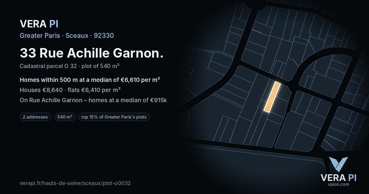 33 Rue Achille Garnon, Sceaux at night – the plot lit, the parcels around coloured by the prices near them