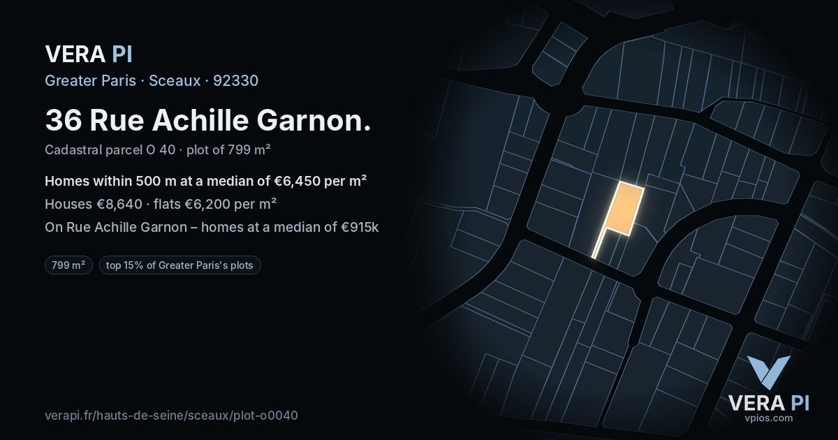 36 Rue Achille Garnon, Sceaux at night – the plot lit, the parcels around coloured by the prices near them