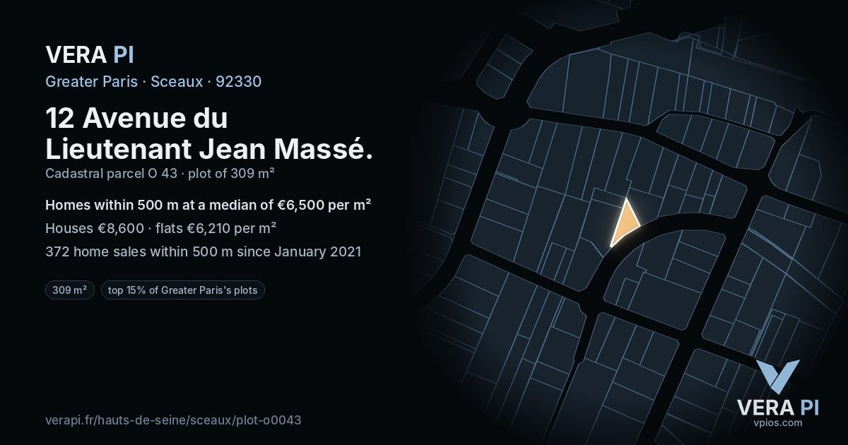 12 Avenue du Lieutenant Jean Massé, Sceaux at night – the plot lit, the parcels around coloured by the prices near them