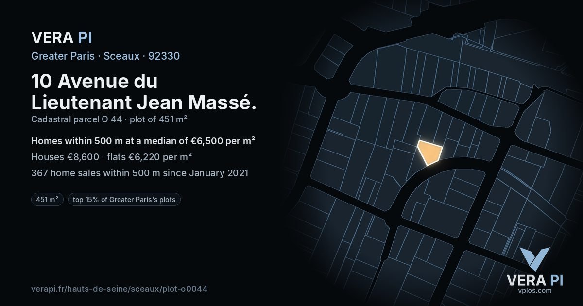 10 Avenue du Lieutenant Jean Massé, Sceaux at night – the plot lit, the parcels around coloured by the prices near them