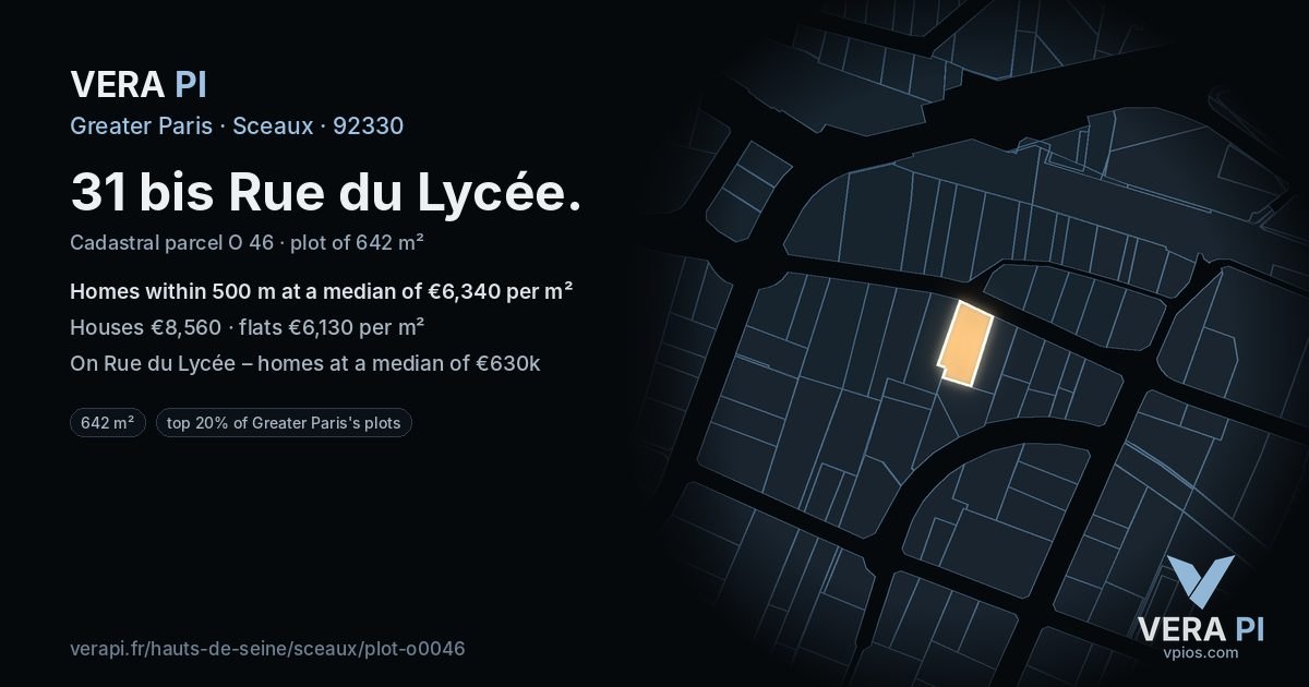 31 bis Rue du Lycée, Sceaux at night – the plot lit, the parcels around coloured by the prices near them