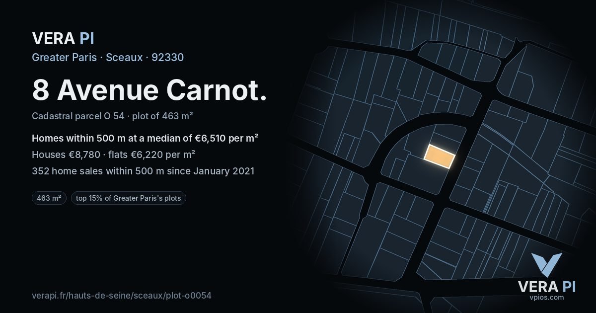 8 Avenue Carnot, Sceaux at night – the plot lit, the parcels around coloured by the prices near them