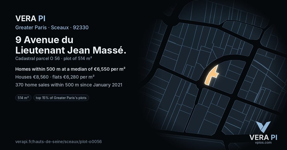 9 Avenue du Lieutenant Jean Massé, Sceaux at night – the plot lit, the parcels around coloured by the prices near them