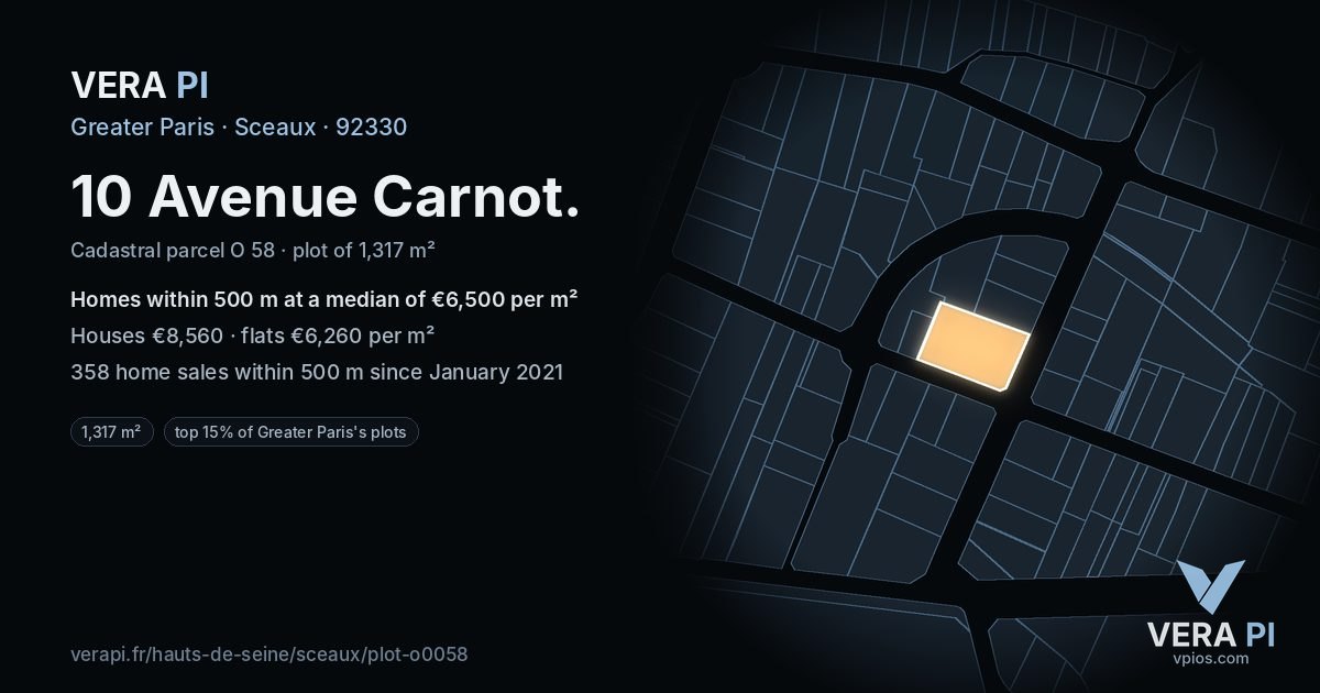 10 Avenue Carnot, Sceaux at night – the plot lit, the parcels around coloured by the prices near them
