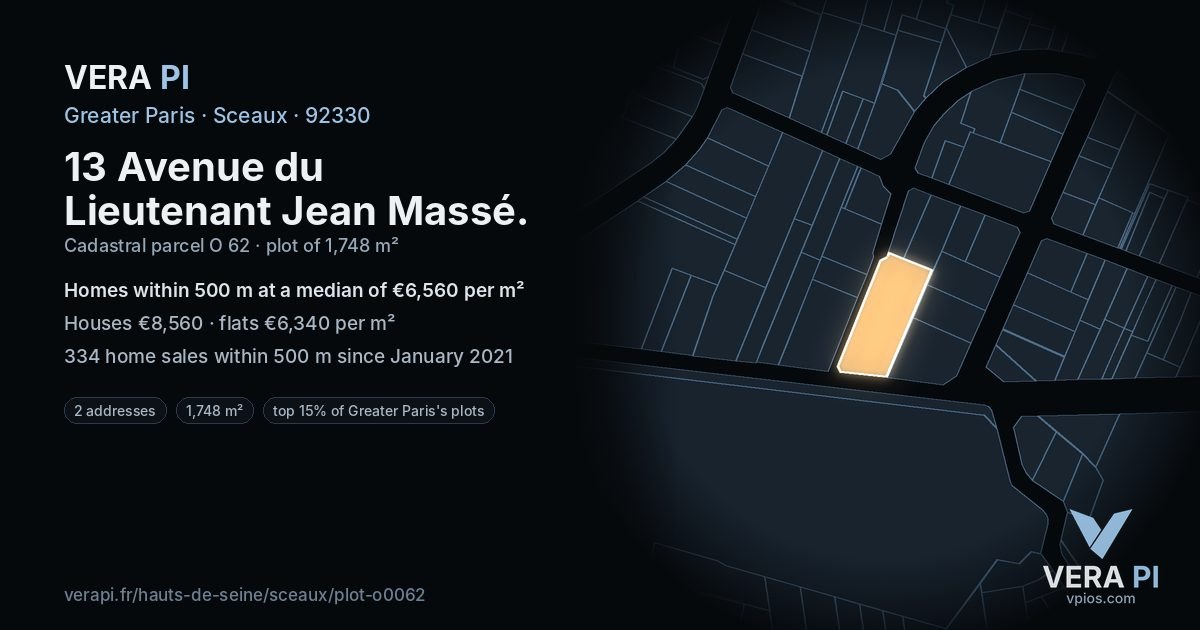 13 Avenue du Lieutenant Jean Massé, Sceaux at night – the plot lit, the parcels around coloured by the prices near them