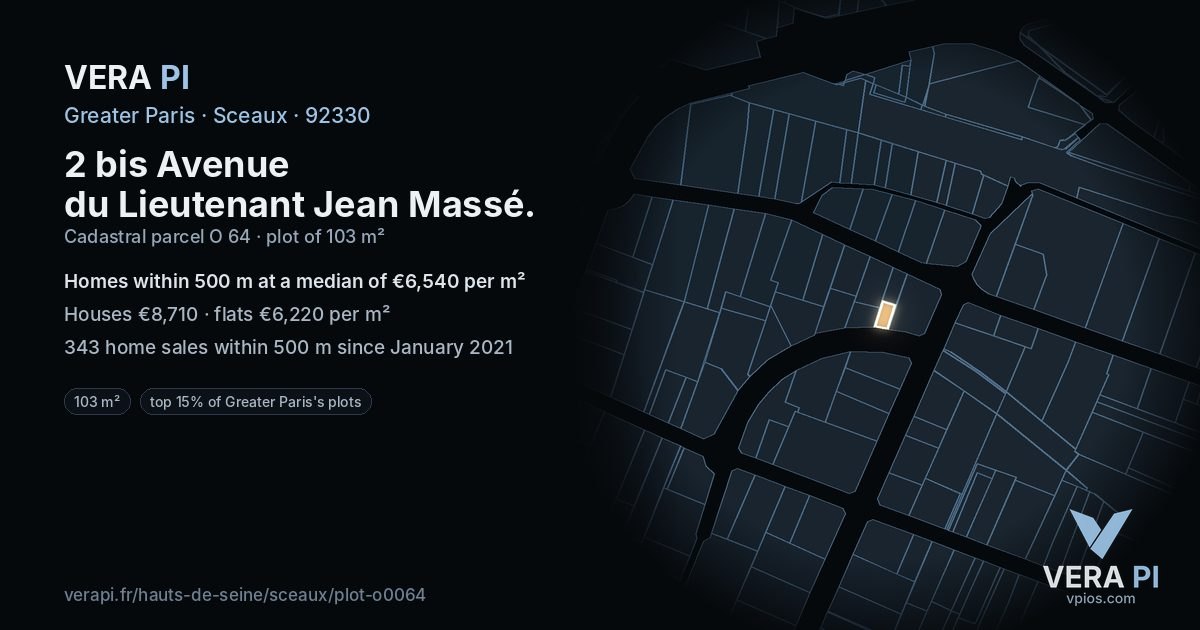 2 bis Avenue du Lieutenant Jean Massé, Sceaux at night – the plot lit, the parcels around coloured by the prices near them