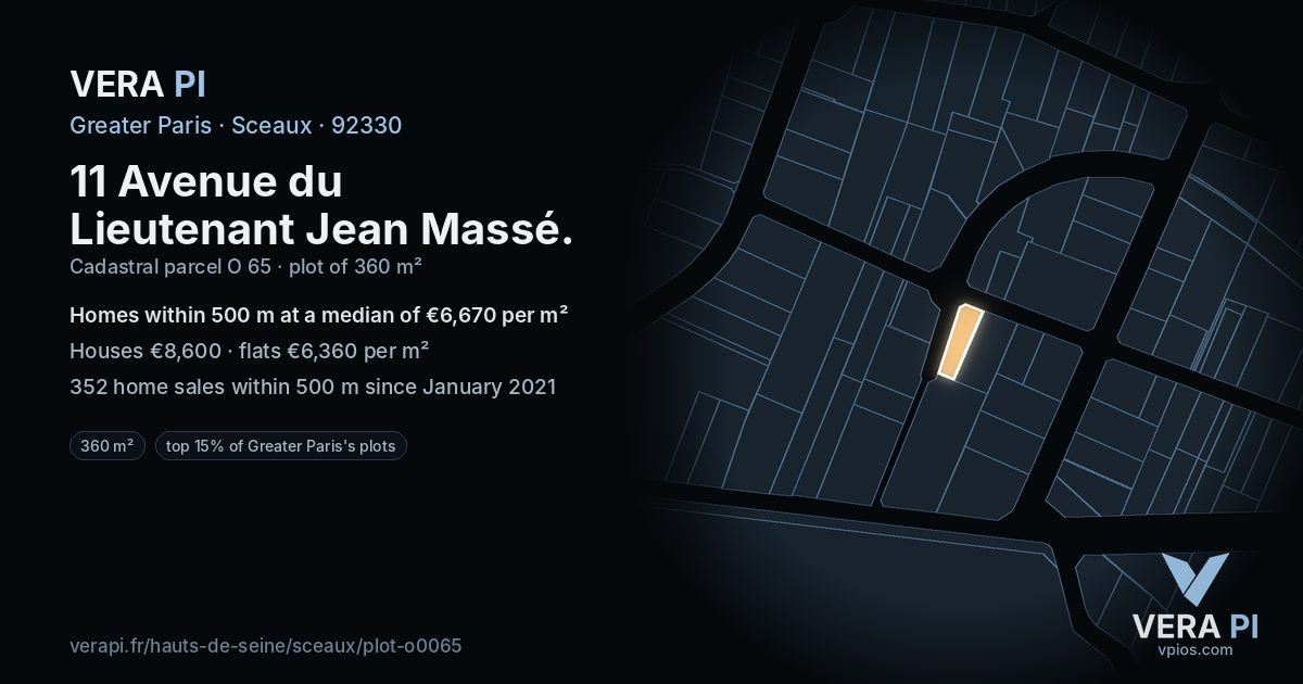 11 Avenue du Lieutenant Jean Massé, Sceaux at night – the plot lit, the parcels around coloured by the prices near them