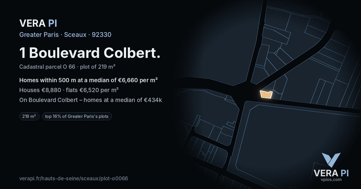 1 Boulevard Colbert, Sceaux at night – the plot lit, the parcels around coloured by the prices near them