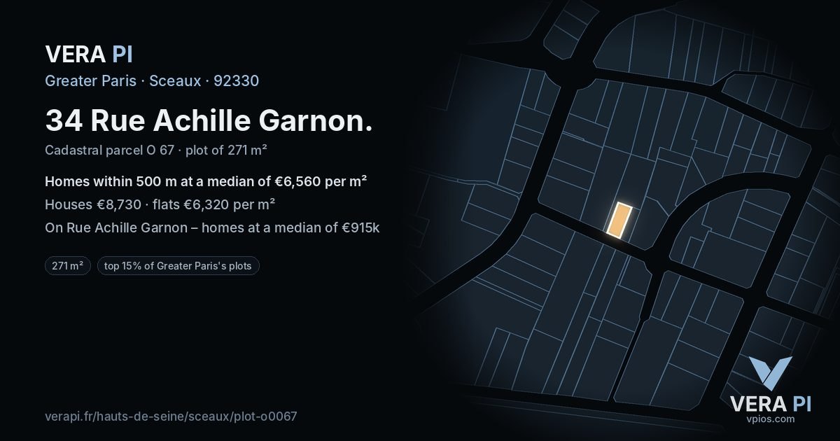 34 Rue Achille Garnon, Sceaux at night – the plot lit, the parcels around coloured by the prices near them