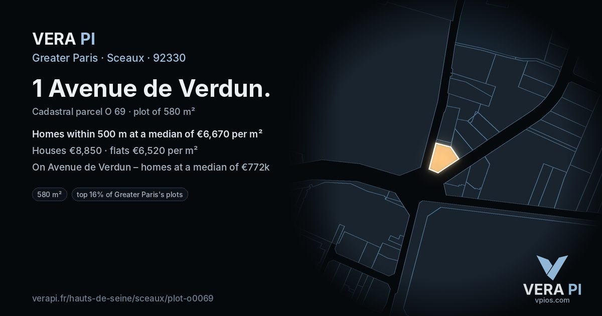 1 Avenue de Verdun, Sceaux at night – the plot lit, the parcels around coloured by the prices near them