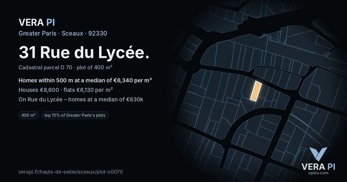 31 Rue du Lycée, Sceaux at night – the plot lit, the parcels around coloured by the prices near them