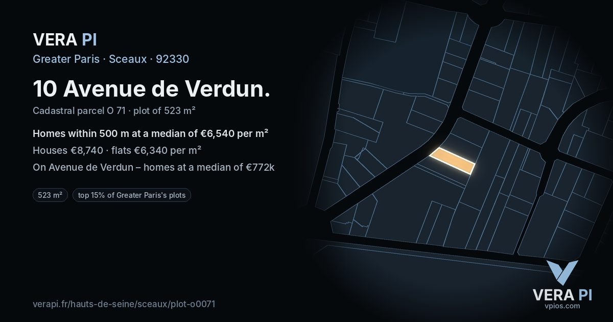 10 Avenue de Verdun, Sceaux at night – the plot lit, the parcels around coloured by the prices near them