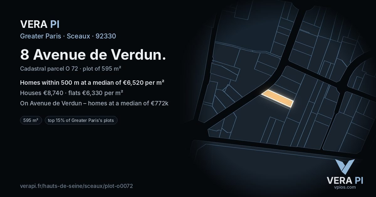 8 Avenue de Verdun, Sceaux at night – the plot lit, the parcels around coloured by the prices near them