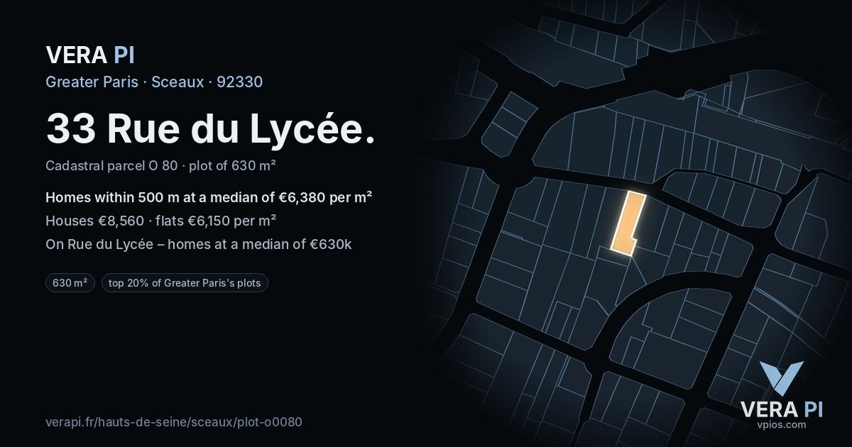 33 Rue du Lycée, Sceaux at night – the plot lit, the parcels around coloured by the prices near them