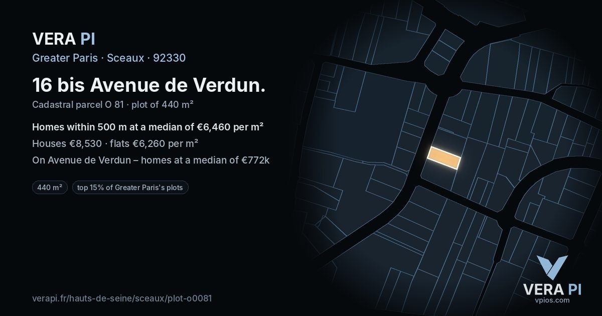 16 bis Avenue de Verdun, Sceaux at night – the plot lit, the parcels around coloured by the prices near them