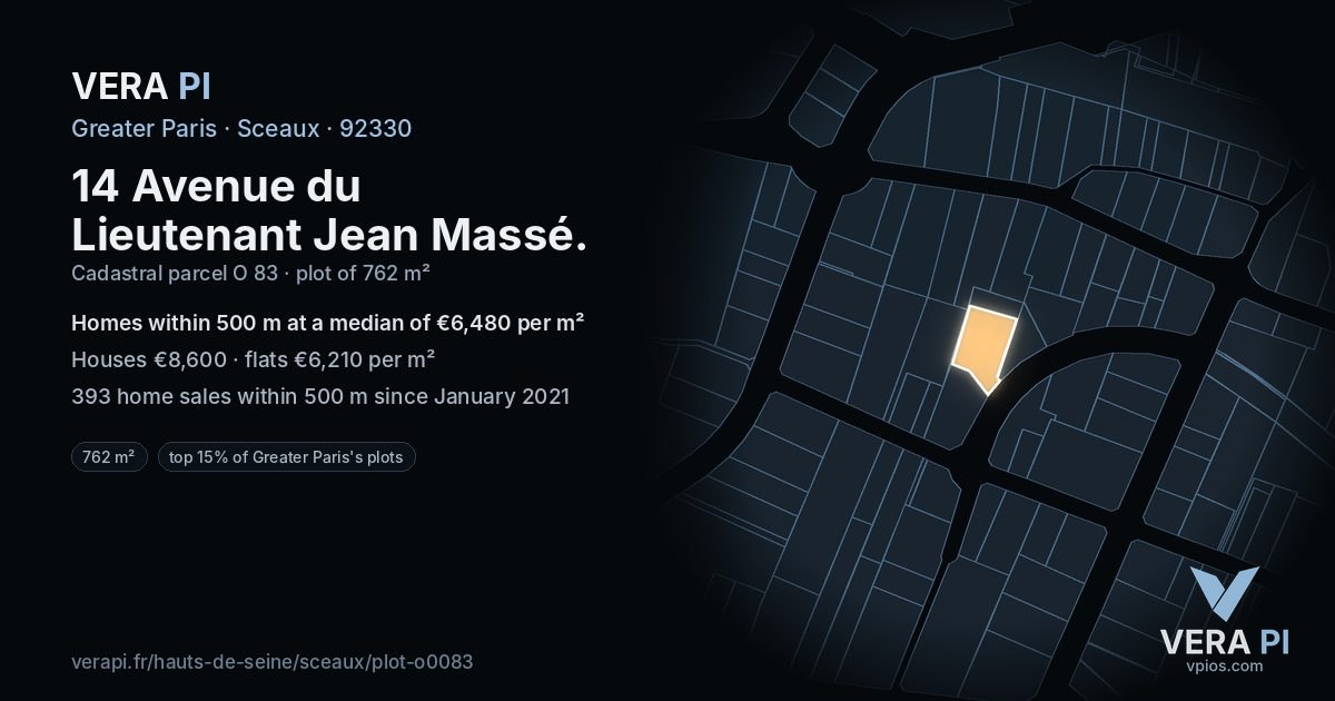 14 Avenue du Lieutenant Jean Massé, Sceaux at night – the plot lit, the parcels around coloured by the prices near them