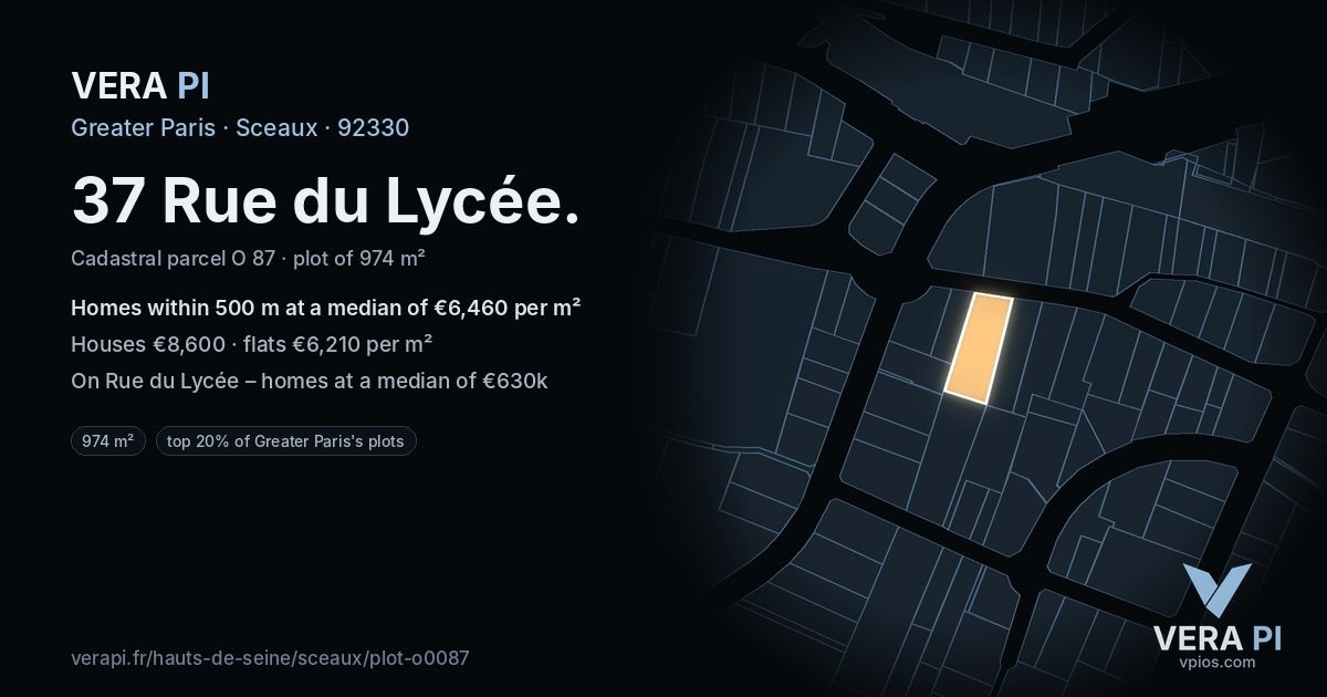 37 Rue du Lycée, Sceaux at night – the plot lit, the parcels around coloured by the prices near them
