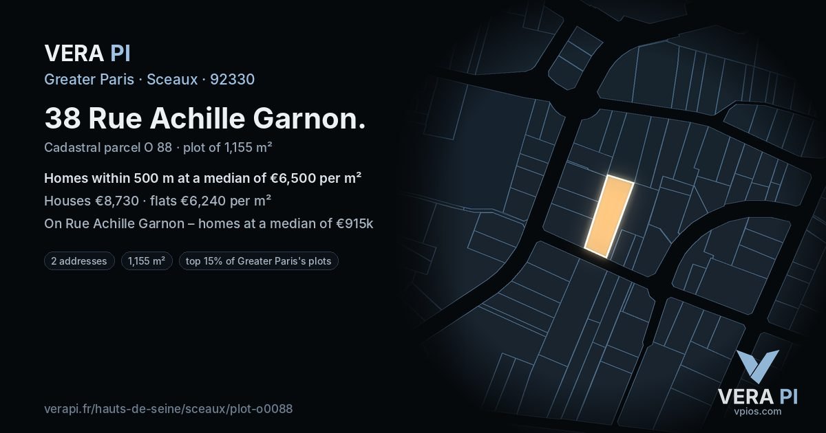 38 Rue Achille Garnon, Sceaux at night – the plot lit, the parcels around coloured by the prices near them
