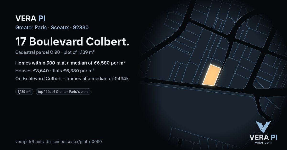 17 Boulevard Colbert, Sceaux at night – the plot lit, the parcels around coloured by the prices near them