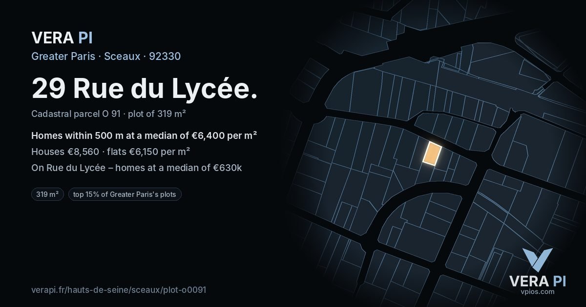 29 Rue du Lycée, Sceaux at night – the plot lit, the parcels around coloured by the prices near them