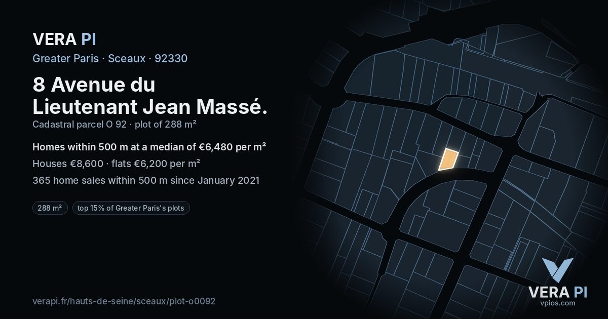 8 Avenue du Lieutenant Jean Massé, Sceaux at night – the plot lit, the parcels around coloured by the prices near them