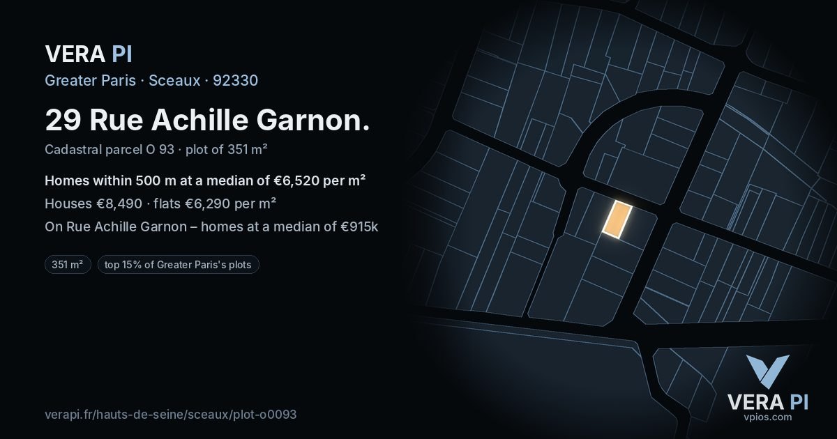 29 Rue Achille Garnon, Sceaux at night – the plot lit, the parcels around coloured by the prices near them
