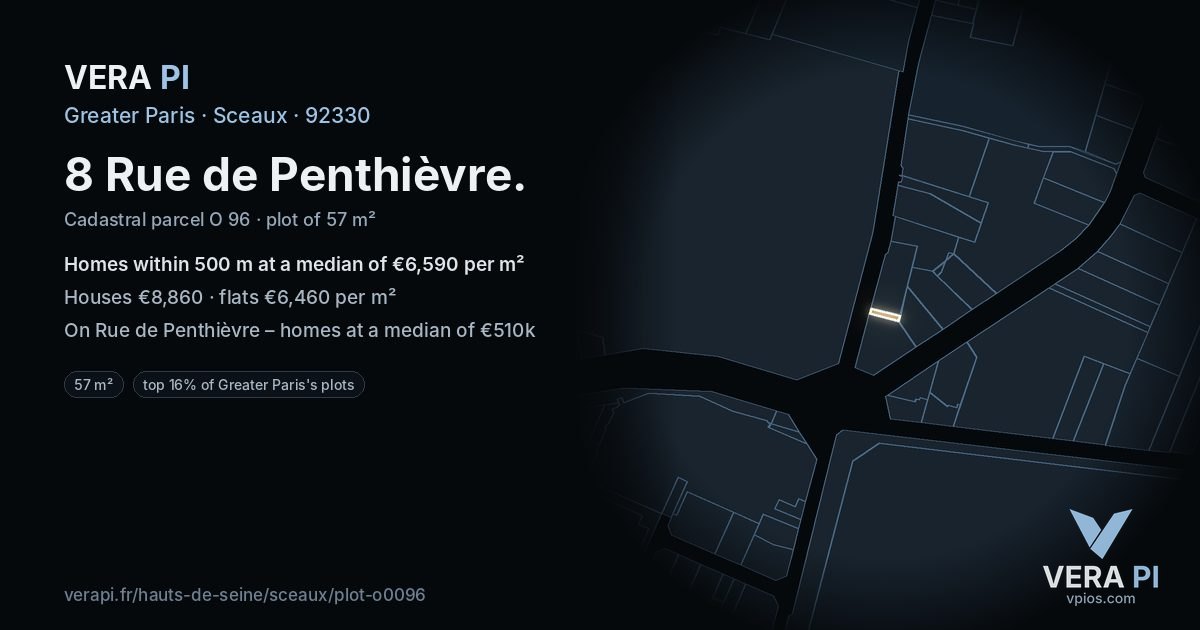 8 Rue de Penthièvre, Sceaux at night – the plot lit, the parcels around coloured by the prices near them