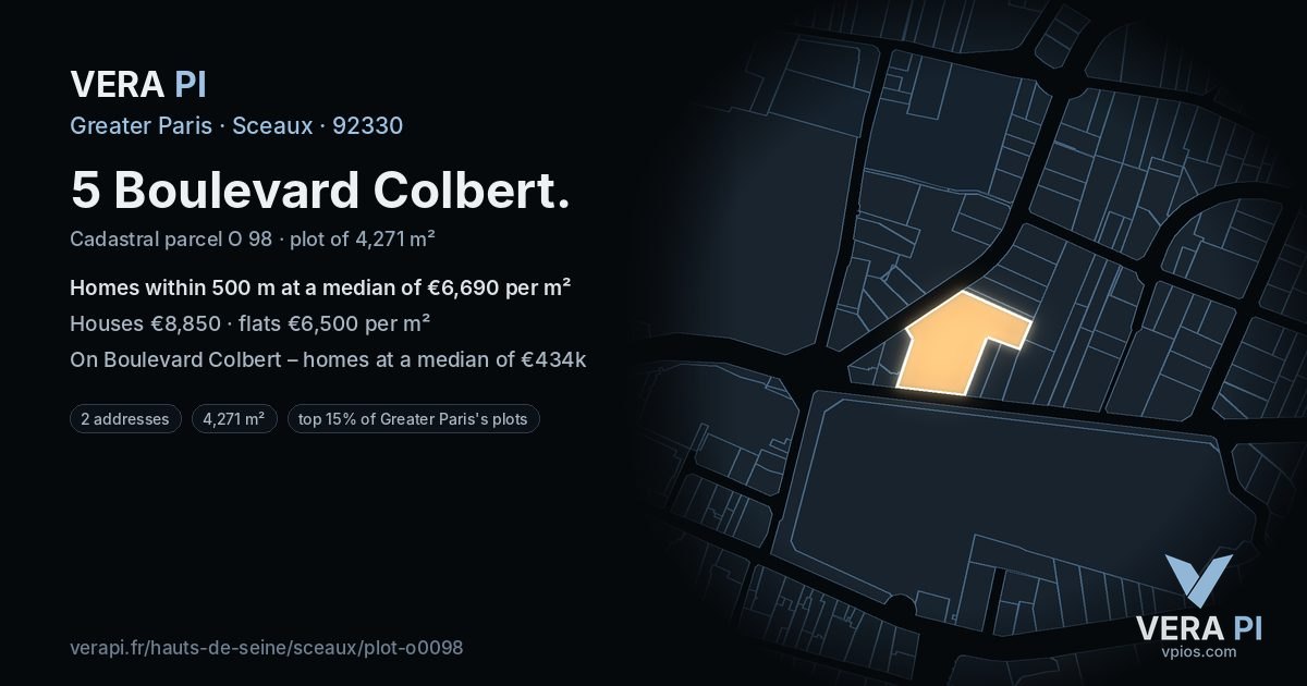 5 Boulevard Colbert, Sceaux at night – the plot lit, the parcels around coloured by the prices near them
