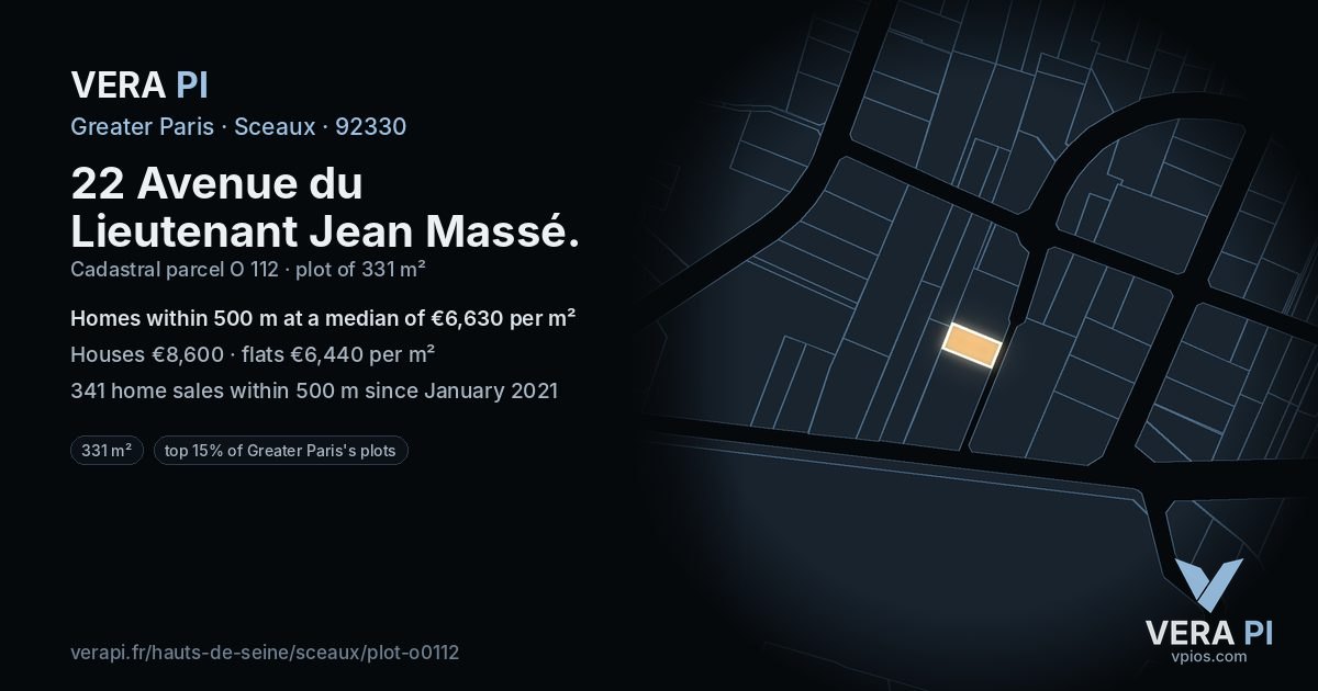 22 Avenue du Lieutenant Jean Massé, Sceaux at night – the plot lit, the parcels around coloured by the prices near them