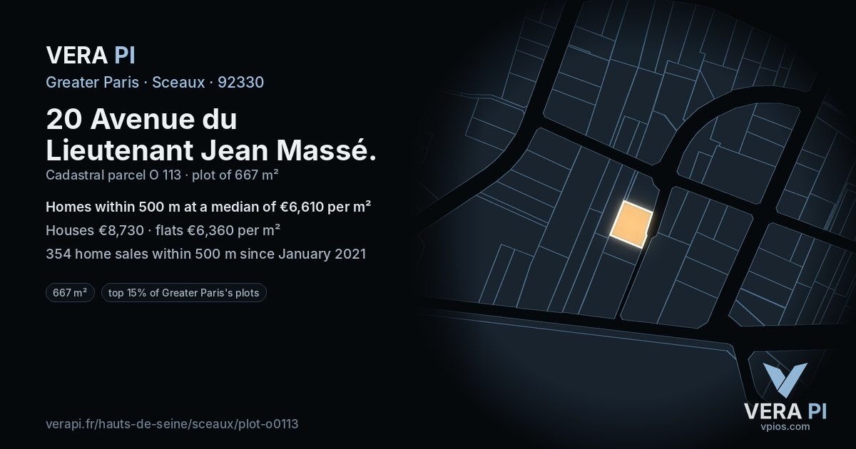 20 Avenue du Lieutenant Jean Massé, Sceaux at night – the plot lit, the parcels around coloured by the prices near them