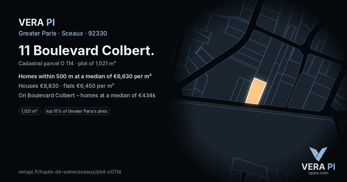 11 Boulevard Colbert, Sceaux at night – the plot lit, the parcels around coloured by the prices near them
