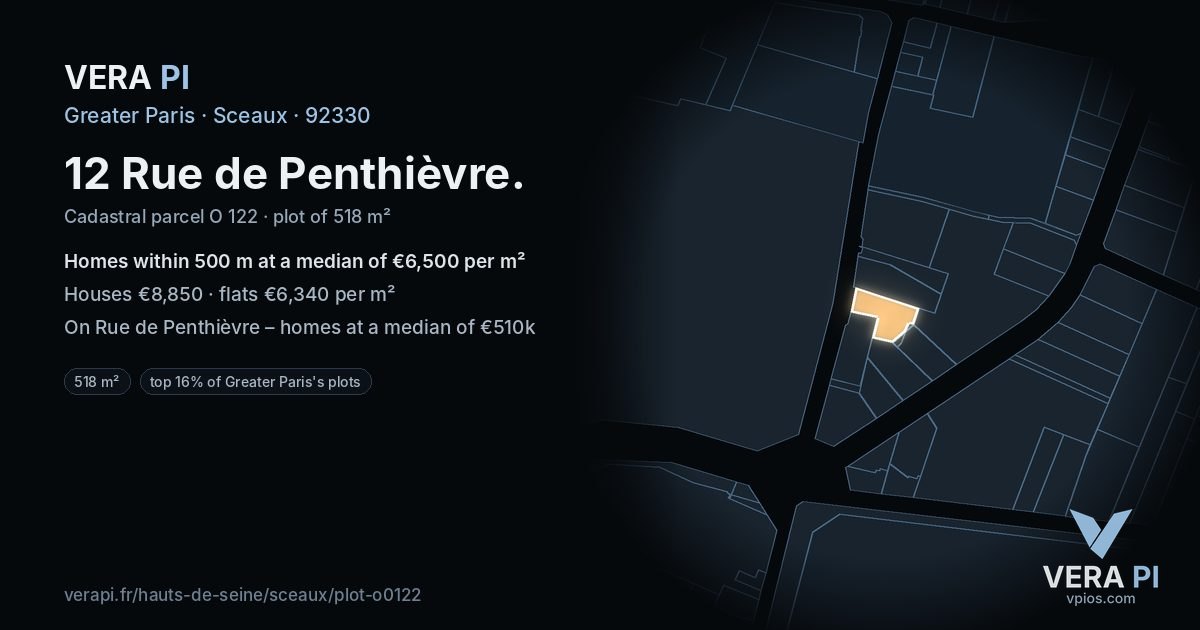 12 Rue de Penthièvre, Sceaux at night – the plot lit, the parcels around coloured by the prices near them
