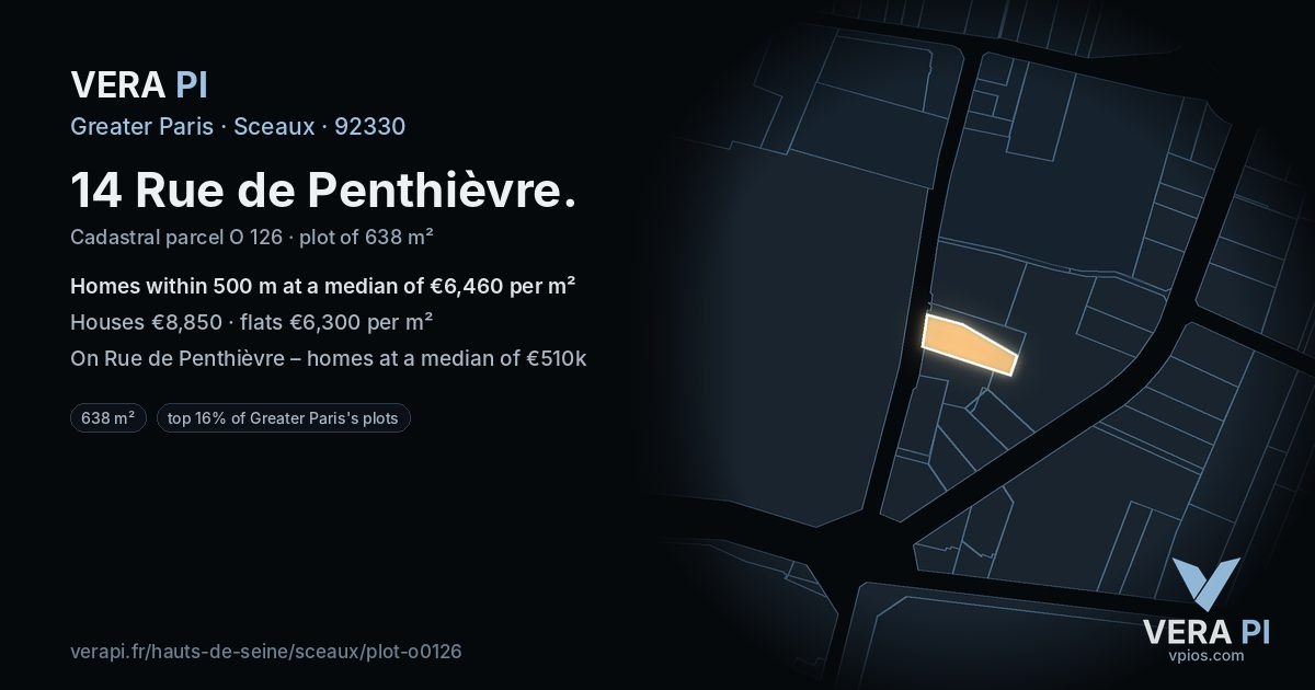 14 Rue de Penthièvre, Sceaux at night – the plot lit, the parcels around coloured by the prices near them