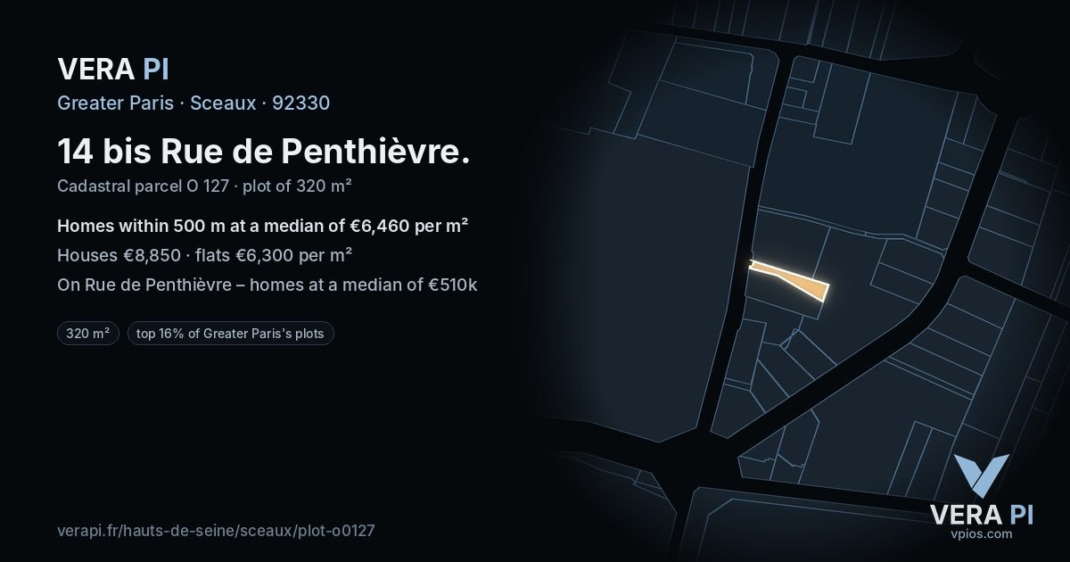 14 bis Rue de Penthièvre, Sceaux at night – the plot lit, the parcels around coloured by the prices near them