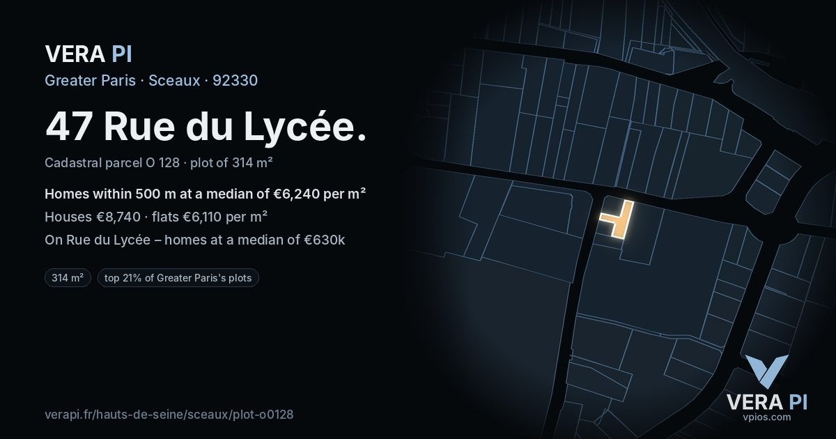 47 Rue du Lycée, Sceaux at night – the plot lit, the parcels around coloured by the prices near them