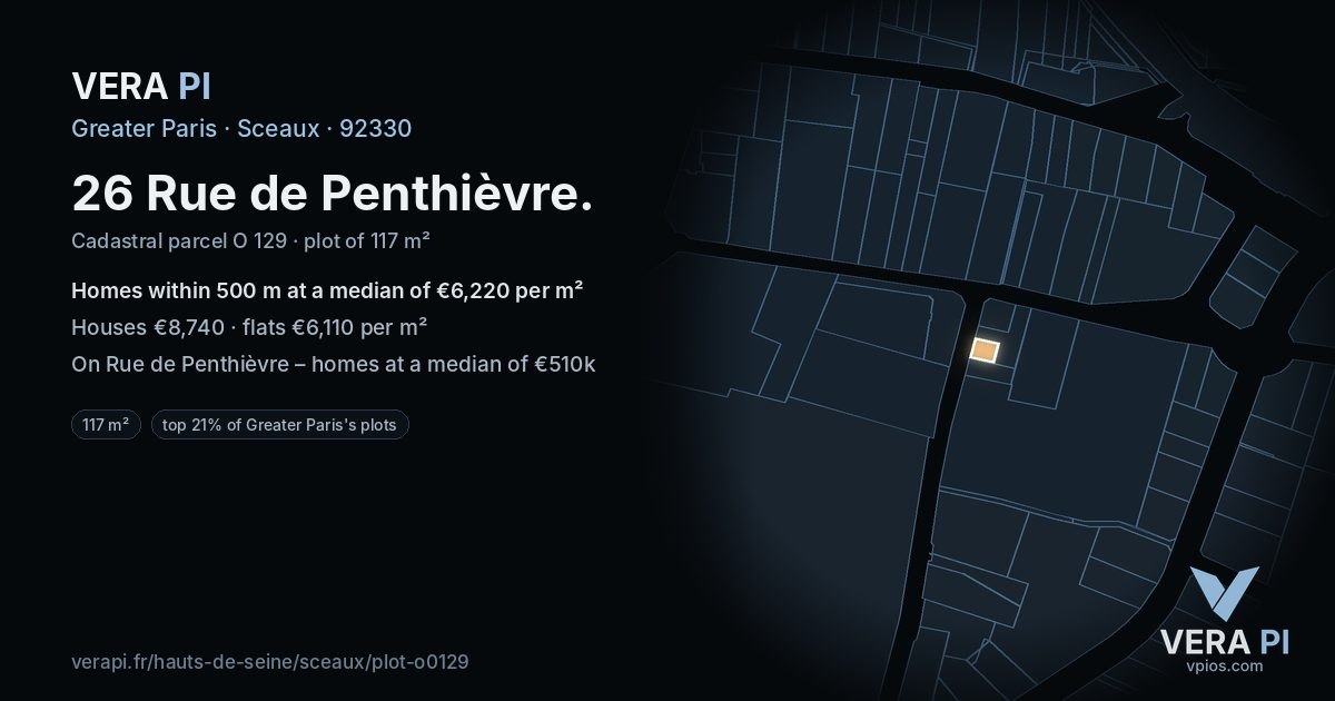 26 Rue de Penthièvre, Sceaux at night – the plot lit, the parcels around coloured by the prices near them