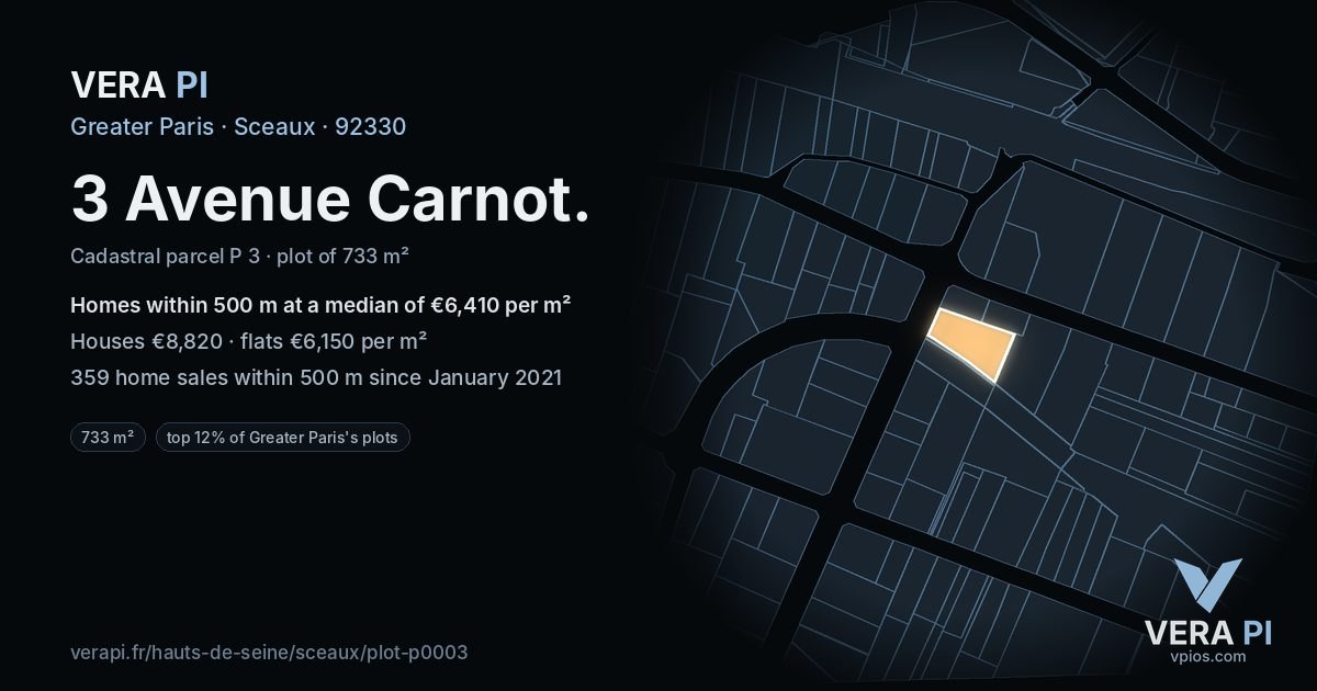 3 Avenue Carnot, Sceaux at night – the plot lit, the parcels around coloured by the prices near them