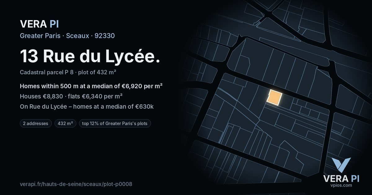 13 Rue du Lycée, Sceaux at night – the plot lit, the parcels around coloured by the prices near them