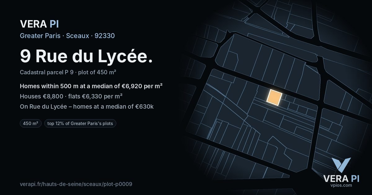 9 Rue du Lycée, Sceaux at night – the plot lit, the parcels around coloured by the prices near them