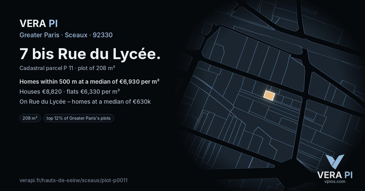7 bis Rue du Lycée, Sceaux at night – the plot lit, the parcels around coloured by the prices near them