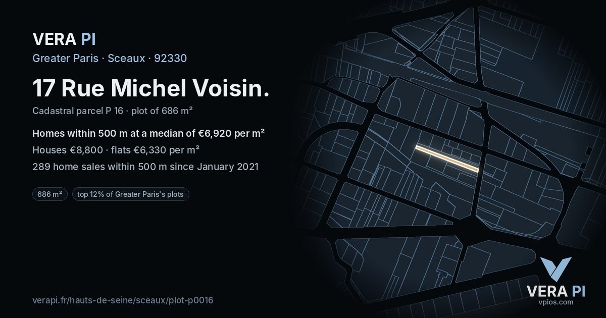 17 Rue Michel Voisin, Sceaux at night – the plot lit, the parcels around coloured by the prices near them
