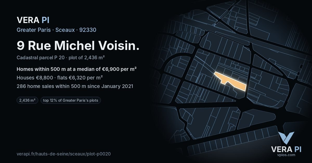 9 Rue Michel Voisin, Sceaux at night – the plot lit, the parcels around coloured by the prices near them